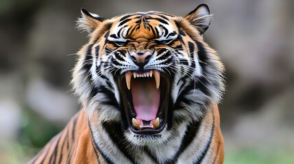 Roaring Tiger Portrait with Mouth Open Displaying Teeth and Emotion