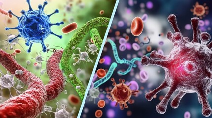 cancer and risk concept. Microscopic view of viruses and blood cells in vibrant colors.