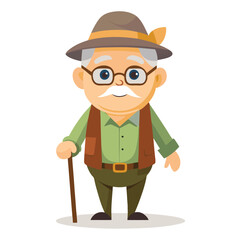 Cartoon of an elderly man with hat and walking stick stands