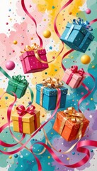 Colorful celebration with vibrant wrapped gift boxes topped with bows and surrounded by streamers confetti and shiny decorative balls for festive occasion
