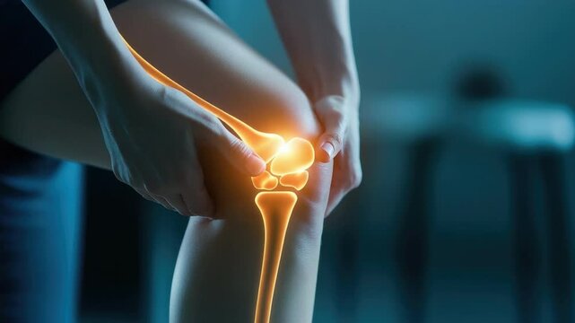 Human knee joint pain illustration with glowing bone structure and healthcare concept for medical guidance and education 4k video footage