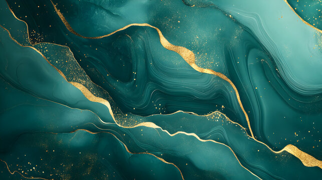 Fototapeta fondo para cuadro decorativo color verde aqua con lineas o detalles en dorado con salpicaduras de pintura y ondas en movimiento efecto marmol 