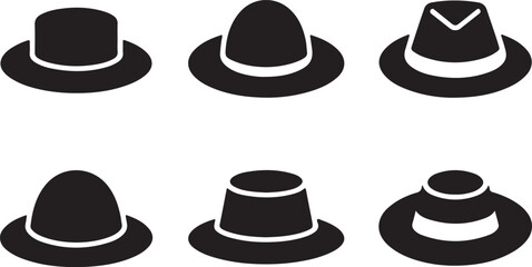 Vintage Hat Silhouette Vector Icon Set – Retro Fedora, Bowler, and Classic Hat Clipart for Merch Design.