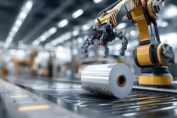 Robotic arm handling aluminum roll in modern factory