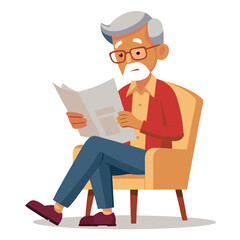 Old man reading newspaper sitting in armchair illustration