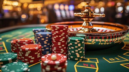 Roulette in a casino with neatly arranged stacks of colored chips on a green gaming table creates an atmosphere of excitement