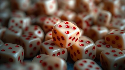 Close-up of many dice with red dots lying in disarray, with one standing out in the center