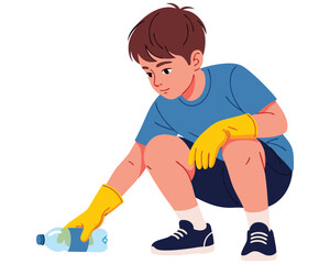 Child Picking Up Litter to Promote Recycling and Clean Environment through Volunteering Efforts