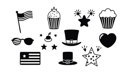 Minimal Black and White 4th of July Icons | USA Independence Day Vector Element Set