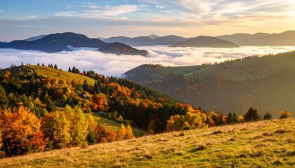 Autumnal Mountain Landscape with Fog and Cloudy Sky