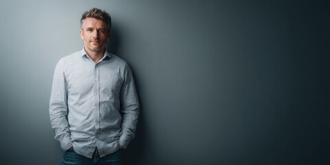 Confident Man in Casual Attire Posing Against a Gray Wall