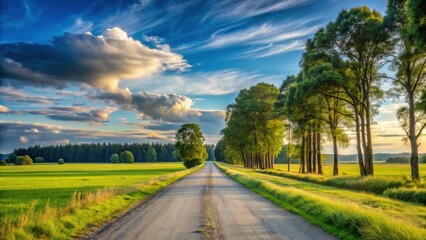 Fototapeta premium Asphalt Road Leading Through Lush Green Fields Under a Dramatic Sky at Sunset