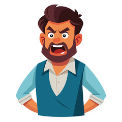 Cartoon man with beard and blue vest expressing anger loudly