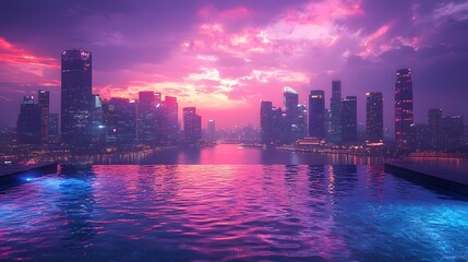 Fototapeta premium Stunning Sunset Over City Skyline with Infinity Pool Reflecting Vibrant Colors and Architecture