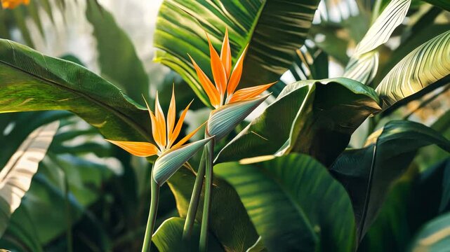 Vibrant orange flower amidst lush tropical foliage