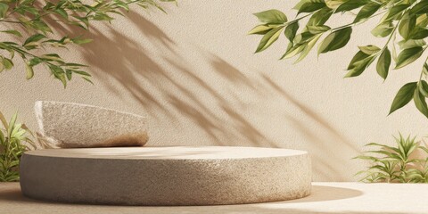 A High Resolution image of beige rock podium for product display sits on light beige surface. Natural light casts soft shadows on fuzzy beige background. Natural green leaves add touch.