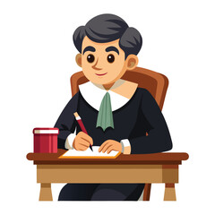 Cartoon man writing at desk with inkwell and brown chair
