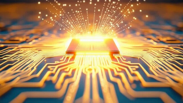 Close-up view of a glowing microchip with intricate circuit patterns, symbolizing innovation in technology.