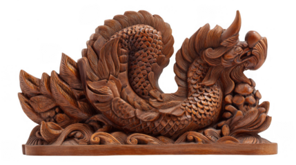 Meticulously carved wooden dragon sculpture, complete with scales, fins, and a fierce expression, rises from stylized waves, showcasing traditional craftsmanship against a transparent background