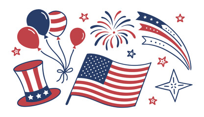 Obraz premium Colorful 4th of July Fireworks and Balloons with Patriotic Flags and Banners for USA Independence Day Party Illustration