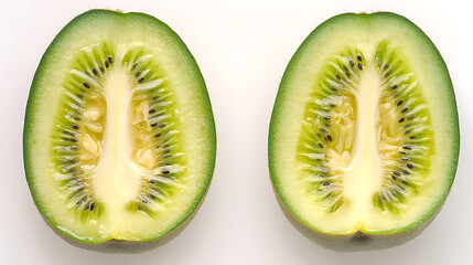 Fototapeta premium Fresh and vibrant kiwi fruit cut in halves isolated on white background with detailed texture, centered composition and studio lighting setup, healthy food concept.