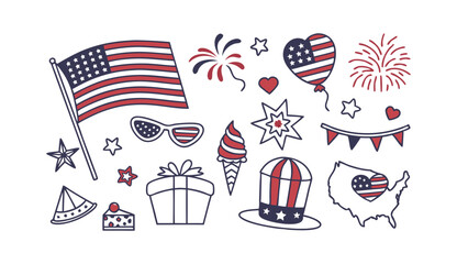 4th of July Celebration Elements Set | USA Flag, Fireworks, Sunglasses and Party Icons
