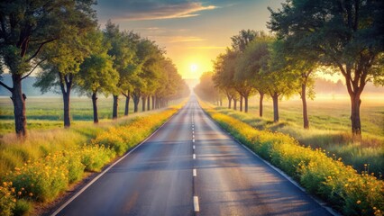 Obraz premium Serene sunrise illuminates a picturesque road lined with trees, bordered by vibrant wildflowers, creating a tranquil and idyllic journey ahead