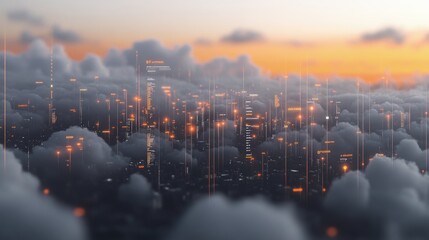 A digital cityscape emerges from clouds at sunset, showcasing glowing data streams and futuristic architecture