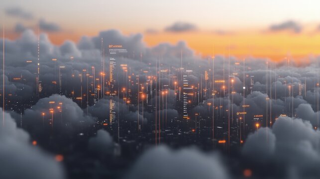 A digital cityscape emerges from clouds at sunset, showcasing glowing data streams and futuristic architecture