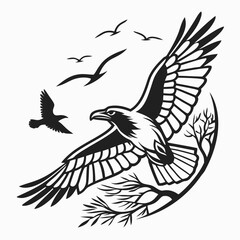 Obraz premium Black and White Illustration of an Eagle in Flight with Other Birds