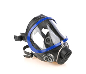 Black gas mask with blue border, chemical protection mask no filter, isolated on white background.