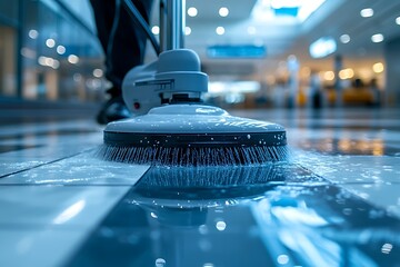 Person Cleaning White Marble Floor with Machine in Airport
