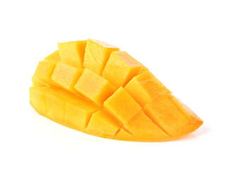 Mango slice cut to cubes isolated on white background