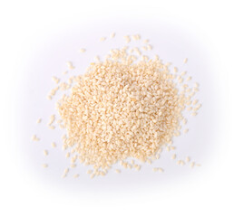 White sesame seeds isolated on white background. top view