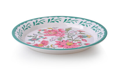 enamel ware tray with flower pattern, Vintage thai traditional food tray, isolated on white background.