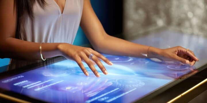Blind user exploring a touchscreen kiosk with braille support and voice interface