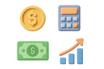 A set of 3D icons depicting financial concepts; a gold coin, paper money, calculator, and a growth graph