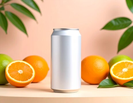 Mockup d&rsquo;une canette saveur agrumes, fond orange clair