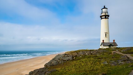 Coastal lighthouse on a rocky beach with ocean waves