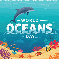 world oceans day concept illustration, World oceans day design with underwater sea, sharks, corals, sea plants, stingrays and turtles on a blue background.