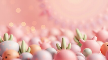 Pastel paradise: Soft 3D landscape of whimsical characters and bokeh lights on pink backdrop