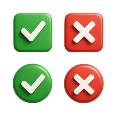 3D rendered green checkmarks and red crosses in square and round shapes