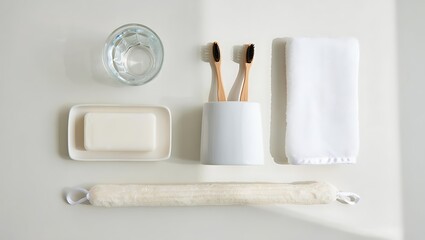 Naklejka premium Minimalist bathroom essentials flat lay photography
