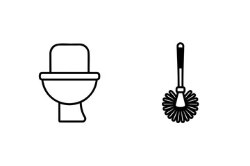 Black and white outline illustration of a toilet and cleaning brush suitable for hygiene