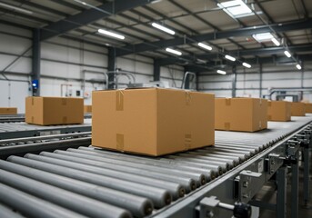 Boxes moving on conveyor belt in large warehouse; distribution or shipping use