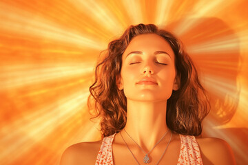 Young cheerful woman meditating in casual outfit on vibrant orange background promoting harmony and relaxation. AI Generative.
