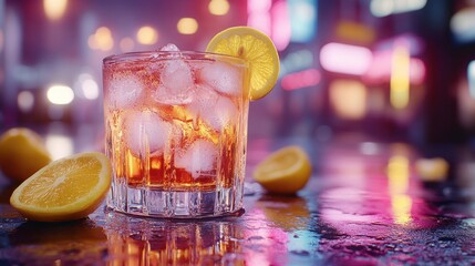 Vibrant cocktail in a glass, illuminated by neon city lights