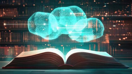 Open Book with Digital Data Overlay in a Futuristic Library Setting 4k video footage - Powered by Adobe