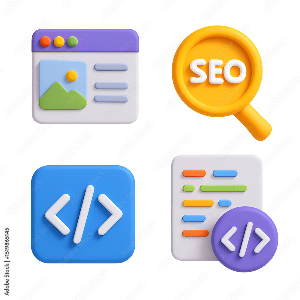 Poster 3d icons depicting website design, seo optimization, coding, and programming