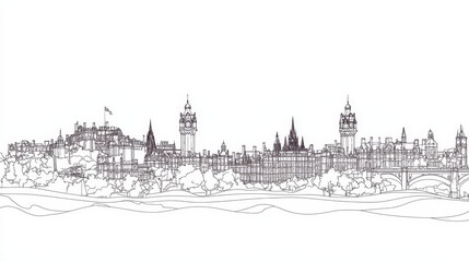 Fototapeta premium One-line art of the Edinburgh skyline presented as a horizontal banner — vector template ideal for design use. 
